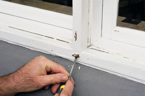 Avdekk det råtne treverket: Stikk en spiss skrutrekker inn i treet der du har mistanke om råte Avdekk det råtne treverket: Stikk en spiss skrutrekker inn i treet der du har mistanke om råte